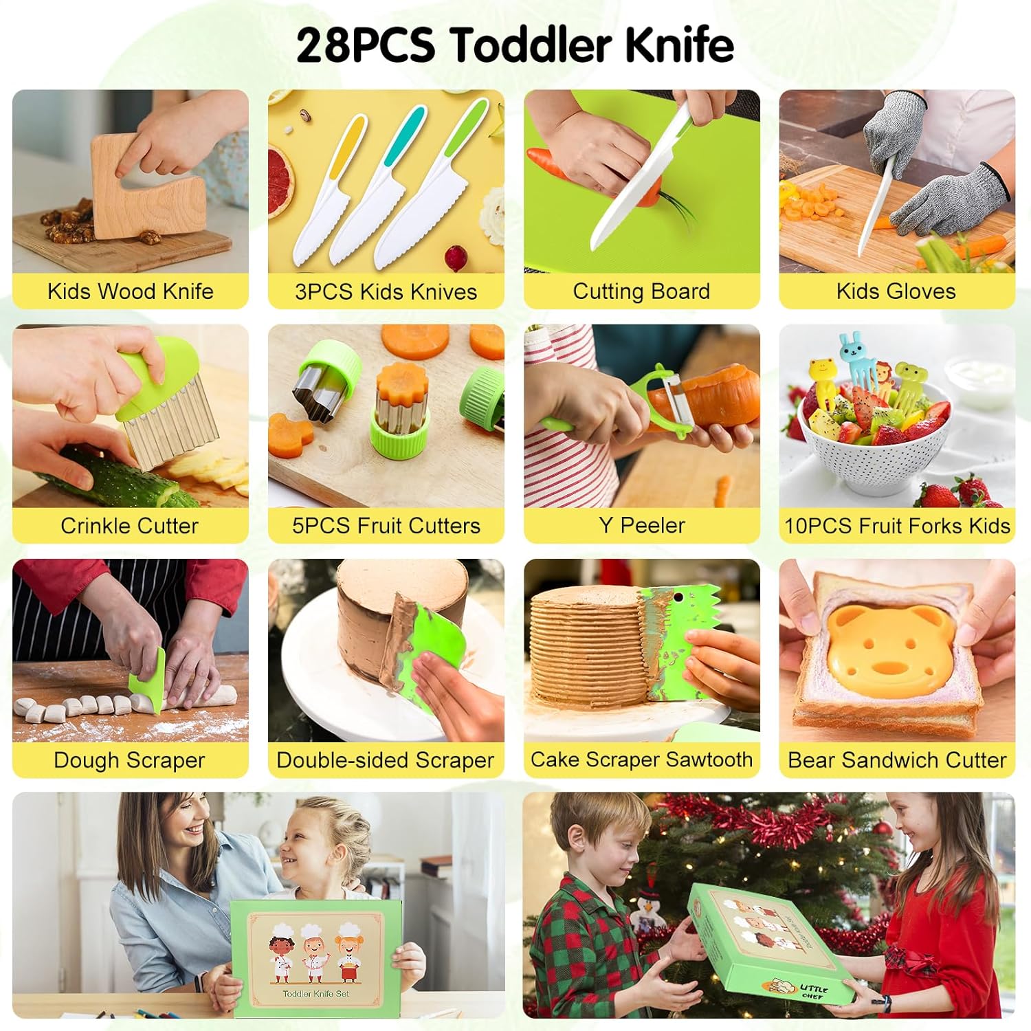 28PCS Toddler Knife Set - Kids Knifes for Real Cooking, Montessori Kids Kitchen Knife Set with Cutting Board Crinkle Cutters Kid Safe Knives, Toddlers Kitchen Tools for Age 4-10 Year Old Girl Boy