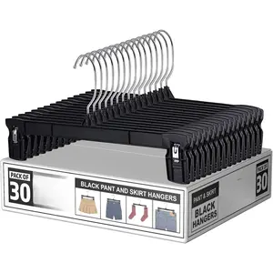 30 Pack Pants Hangers – 12 Inch Slim Plastic Clothes Hangers with Clips for Skirts, Shorts & Trousers – Non Slip Grip, Heavy Duty Space Saver with Swivel Hook – Black Closet Organizer