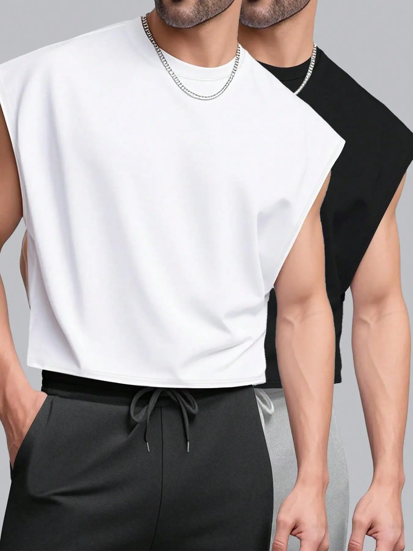 Men's Cropped Muscle Tank Top, Menswear Solid Black And White Loose Sleeveless Top, Casual Loose Basic Minimalist Streetwear Design, Breathable And Comfortable, Ideal For Summer Fitness And Urban Daily Wear