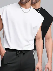 Men's Cropped Muscle Tank Top, Solid Black And White Loose Sleeveless Top, Minimalist Streetwear Design, Breathable And Comfortable, Ideal For Summer Fitness And Urban Daily Wear