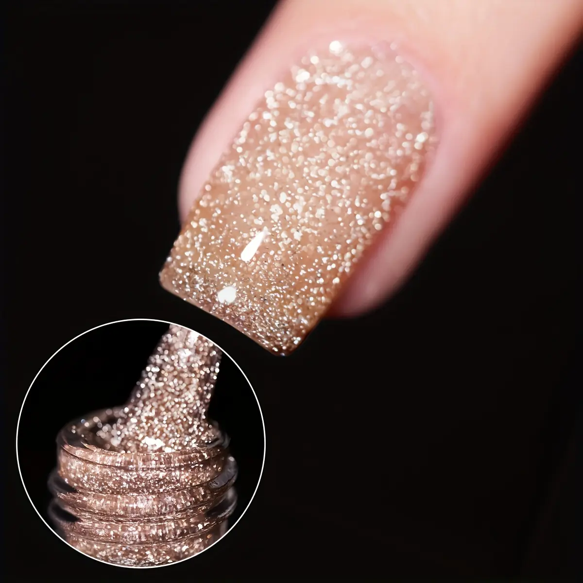 Champagne glitter gel nail polish — high-shine, highly saturated champagne color with dazzling sparkle; long-lasting and suitable for women’s manicures at salons or at home; ideal as a holiday gift.