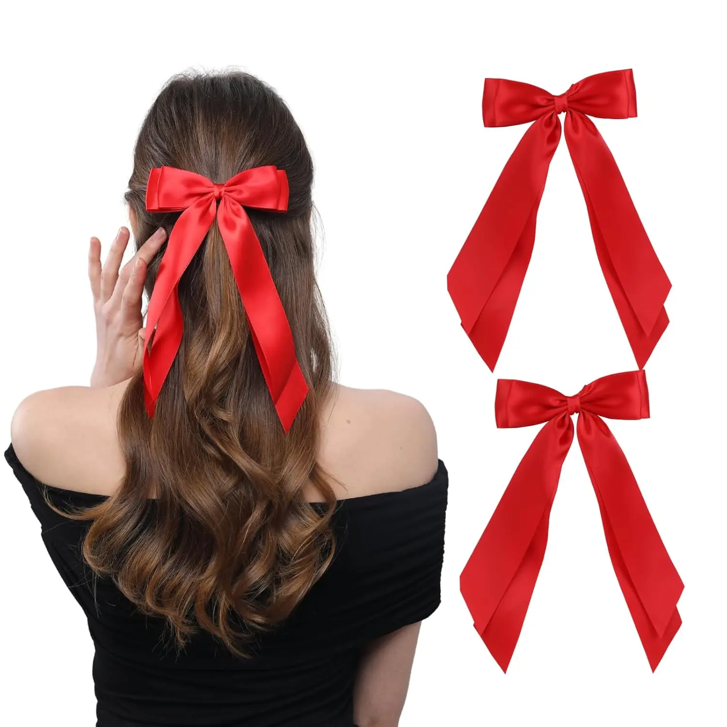 2 count Double Layer Hair Bows Red Hair Ribbon Clips Ponytail Holder Accessories for Women Girls  Teens