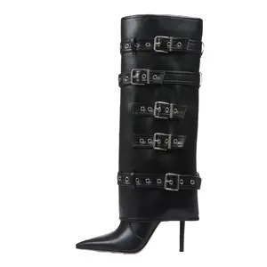 Belt Buckle Stiletto Boots Skirt Hem Large Size Knee-High Boots Fashion High-Top Knight Boots