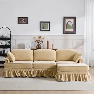 ARCH 103.15'' Modern Sectional Sofa with Removable Ruffled Pleated Skirt, Chenille Cloud Sofa, Ottoman and Flared Arms, 4-Seat L-Shaped Fabric Sofa for Living Room and Bedroom,khaki