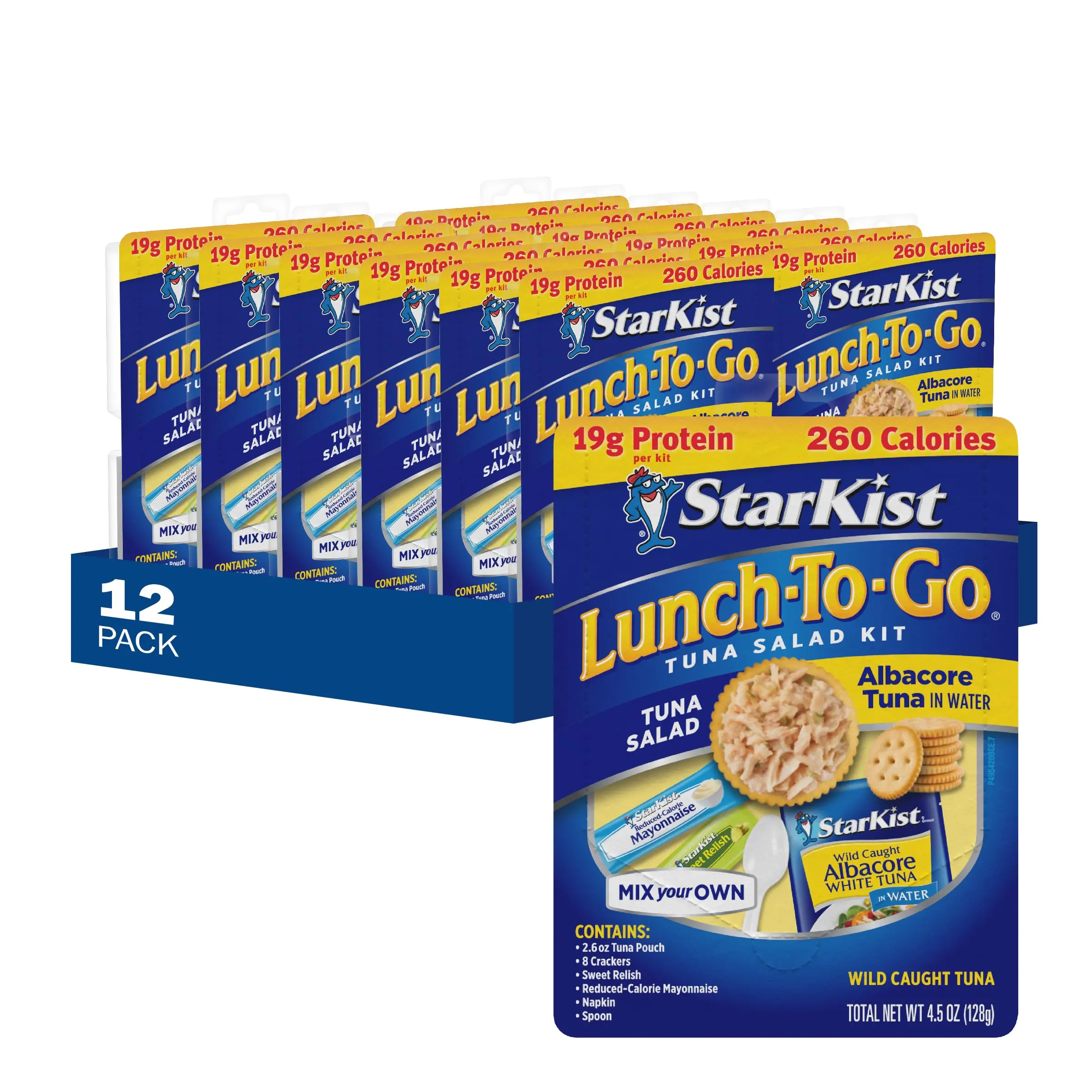 Ready to Eat Albacore Tuna Lunch Kit with Crackers, Mix-Your-Own Tuna Salad, High Protein Meals, Low Fat, 12 Packs Individual Kits