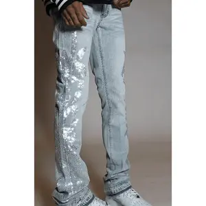 Shamaz Rhinestone Light Blue Stacked Flare Jean