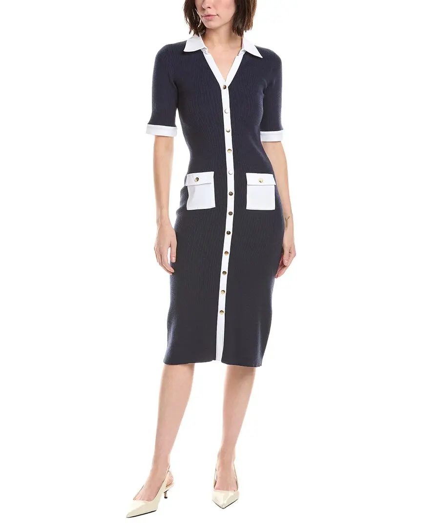 T Tahari Elbow Sleeve Split Neck Rib Dress