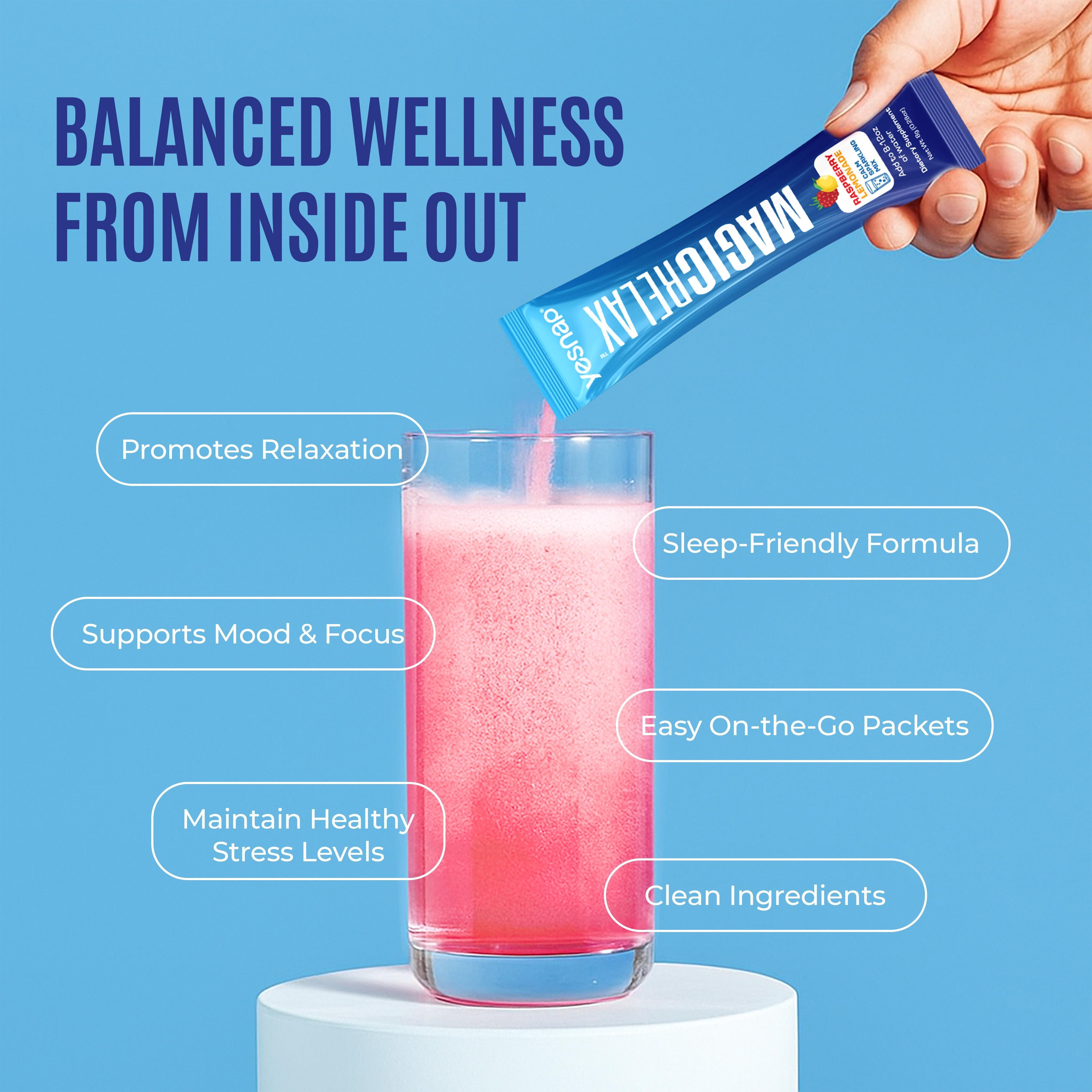 1 pack | Yesnap MAGICRELAX Calming Sparking Mix with 8-in-1 Magnesium KSM-66 Ashwagandha Saffron Vitamin D3 GABA L-Theanine Supports Cortisol Balance Mood Sleep 30 Servings No Sugar Non GMO Raspberry Lemonade Flavor