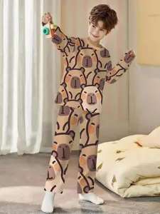 Capybara Cuddle 2-Piece Boys' Digital Print Long-Sleeve Pajamas with Long Pants, Flame-Retardant Fabric, Snug Fit Pajamas, comfortable and soft, suitable for sleeping and home leisure, made of 100% polyester, perfect for boys' home wear