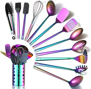 Bergland 13-Piece Sturdy Heavy Duty Metal Rainbow Kitchen Utensils Set with Spatula & Utility Tool, Stainless Steel Titanium Rainbow Plating, Hanging Holder, Pasta-Friendly for Non-Stick Cookware, Dishwasher Safe (Great Birthday Gift)