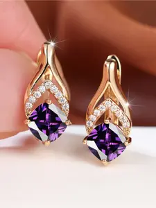 1 Pair Princess Cut Purple Cubic Zirconia Golden Plated Drop Earrings for Women - Perfect for Valentine's Day, Parties & Casual Attire
