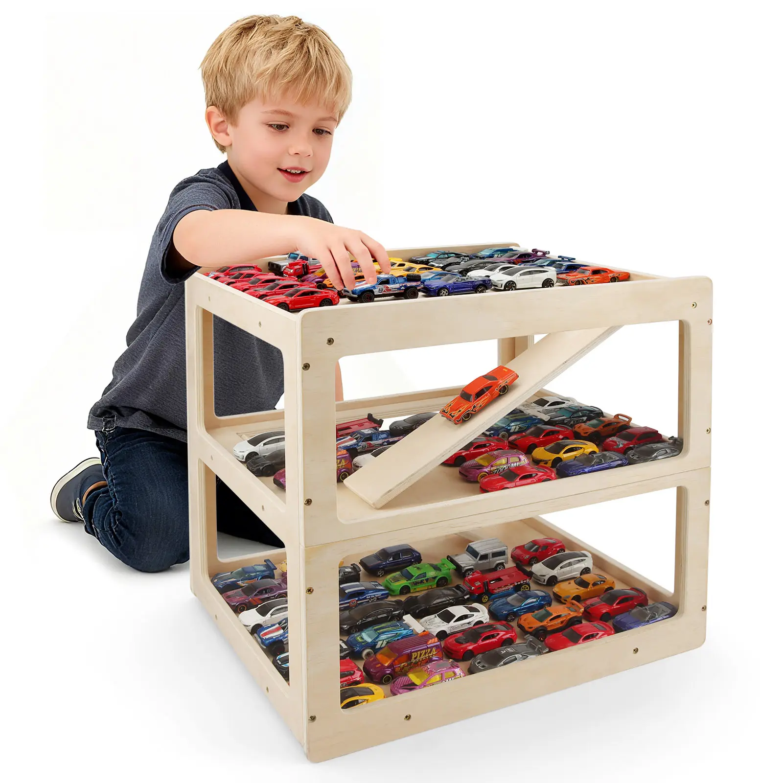 Wooden Garage Storage Shelf for Hot Wheels & Matchbox Cars, 3-Tier Display Rack with Ramp, Holds 60+ Toy Cars, Kids Room Organizer, Not a Toy