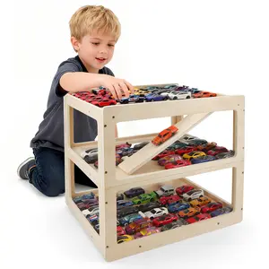 Wooden Garage Storage Shelf for Hot Wheels & Matchbox Cars, 3-Tier Display Rack with Ramp, Holds 60+ Toy Cars, Kids Room Organizer, Not a Toy