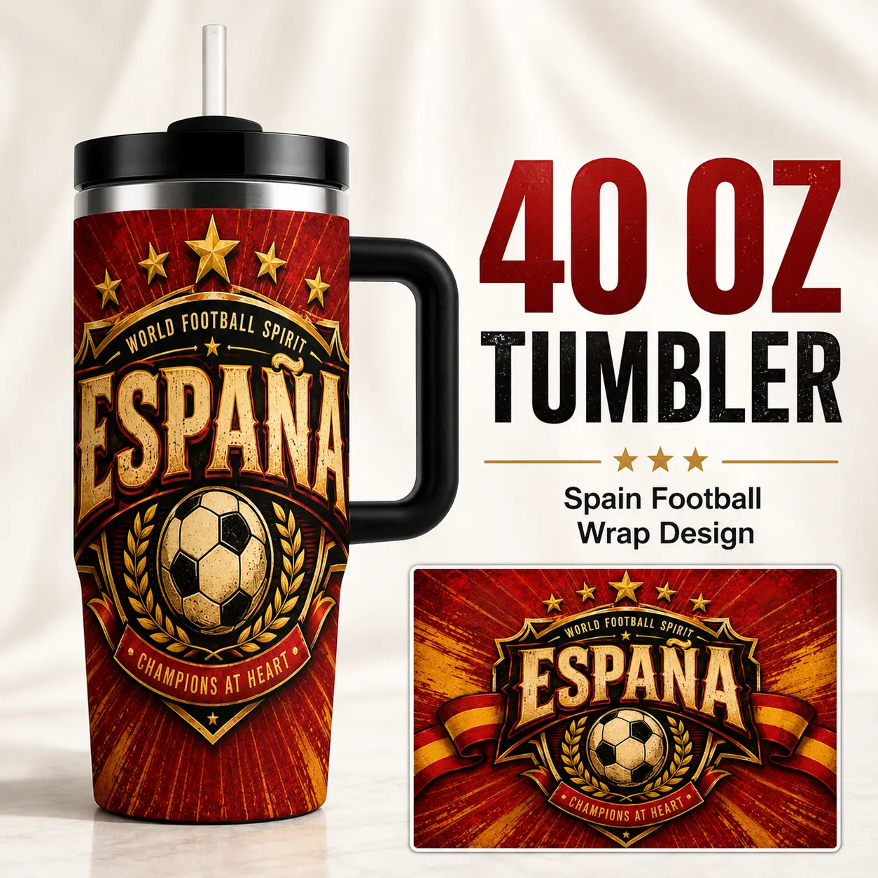 40 oz Insulated Tumbler with Handle and Straw, Double Wall Vacuum Stainless Steel Travel Mug, Leak Resistant BPA-Free Lid, Keeps Drinks Hot 6H Cold 12H, Spain Soccer Themed Sports Cup for Car, Office, Travel, Gym & Outdoor Use