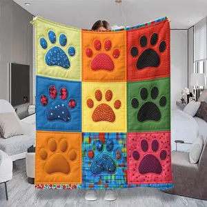 Colorful Paw Print Quilted Throw Blanket, Multiple Specifications Available, Soft Fabric, Ideal for Napping/Decor, Unique Design with Textured Squares, Stylish Home Accent