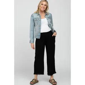 Black Linen Frayed Hem Crop Maternity Pants