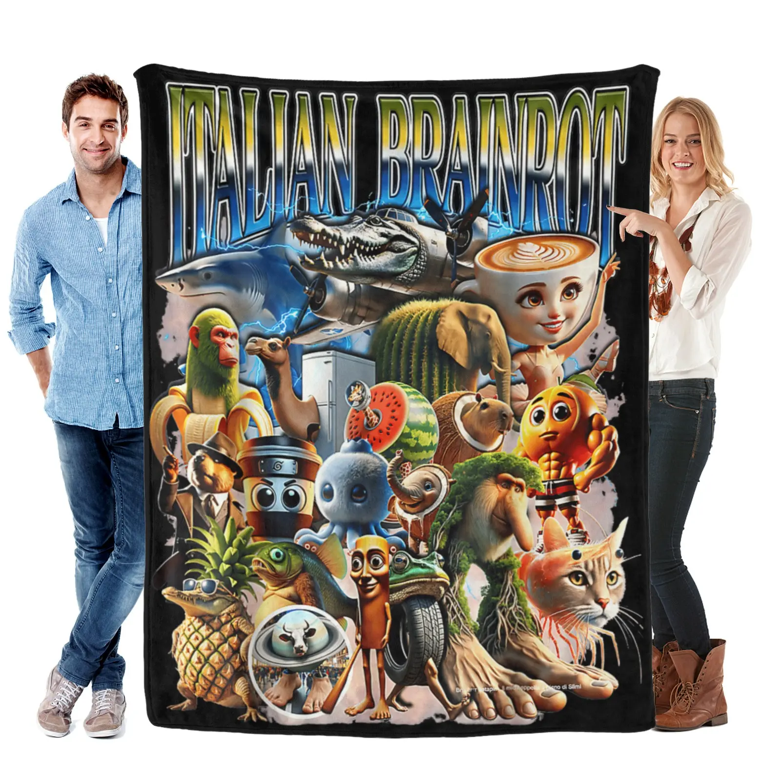 Italian Brainrot Anthropomorphic Characters Collage Blanket - Soft Flannel Throw for Sofa, Bedroom & Meme Spaces, Perfect Gift for Meme Fans and Pop Culture Enthusiasts Desiring Whimsical Home