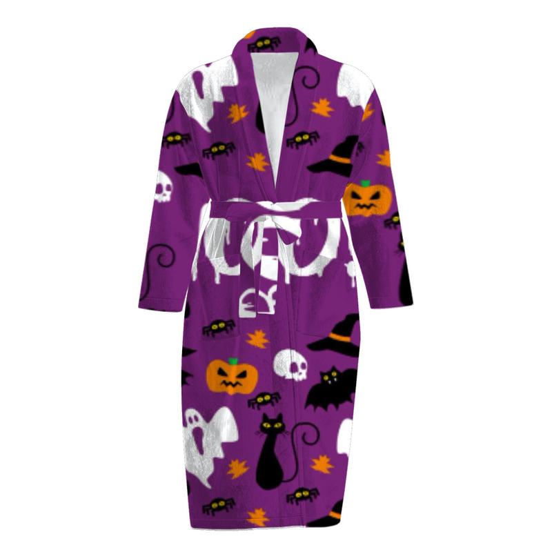 Flannel robe Halloween print autumn and winter plus velvet warm mid-length bathrobe home wear pajamas christmas pajamas