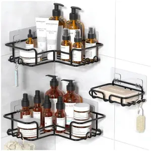 3-Count Wall-Mount Metal Bathroom Corner Organizer Storage Rack Set, Modern Hollow Drain Design, Waterproof Rust-Proof Black Soap Holder, Home Essential, Father's Day Gift Idea