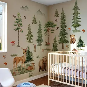 A set of 3 (30*90cm*3pcs) Pine Tree Animal Kingdom wall stickers for decorating home, living room, entrance hall, corridor, bedroom, and bathroom background walls. Model: M14584