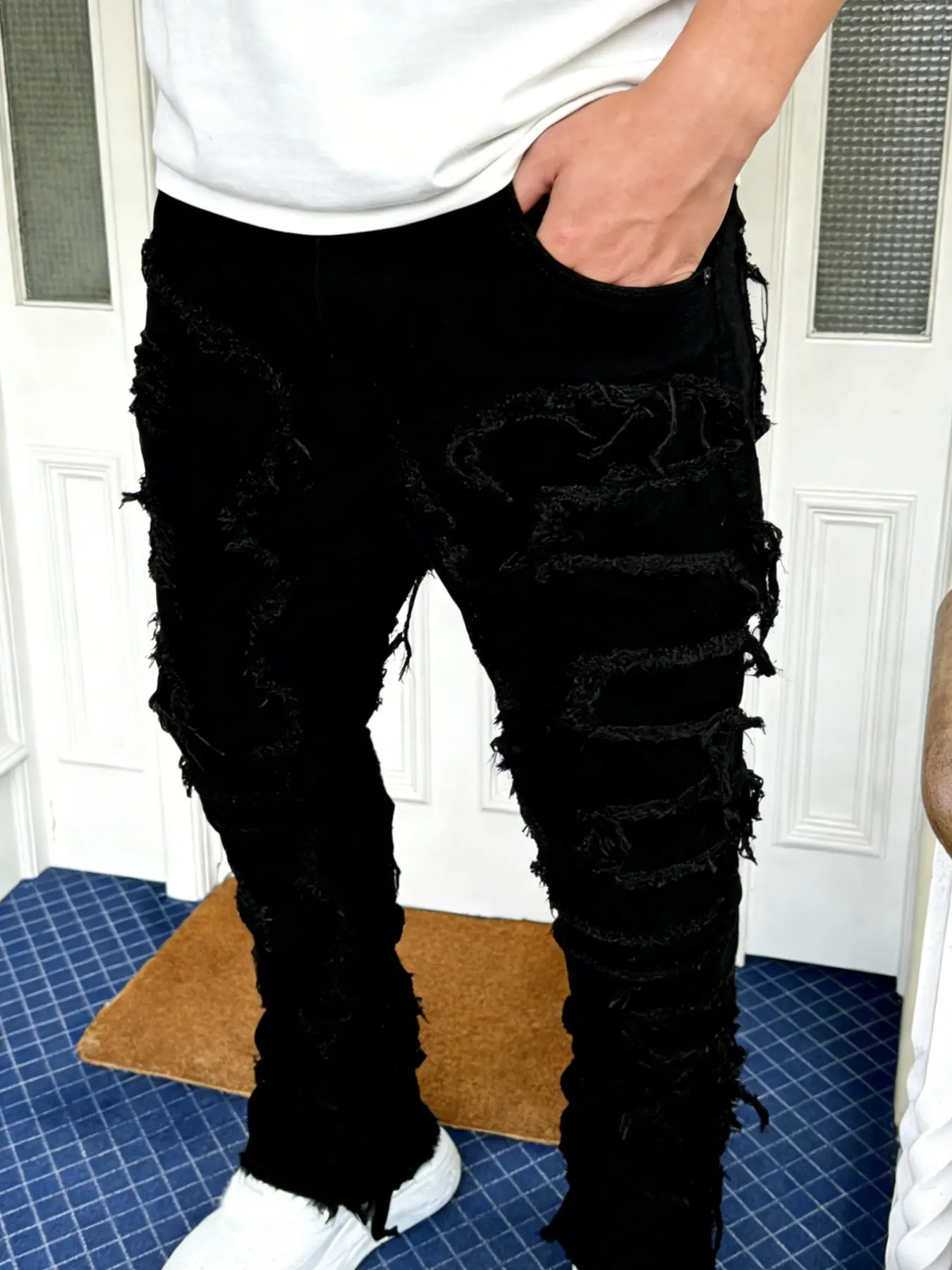 Men's High Street Denim Jeans, Ripped Hem, Slim Fit, Hip Hop Street Style, All Seasons, Plain Pattern, Fashionable Long Pants