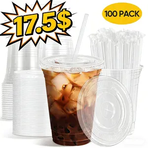 【Flash sale】16oz-20oz-24oz/ Disposable Cups 100-Pack with Lids Straws Sturdy Clear for Game Day BBQs Picnics,Viewing Party Cups