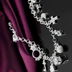 2026 New Women's Silvery Heart Key Charm Bracelet - 1pc, 13 Small Pendants, Bohemian Style, Shiny Exquisite Design, Fashion Jewelry Accessory, Ideal Gift for Girlfriend, Charm Bracelets, Heart Charm Bracelet
