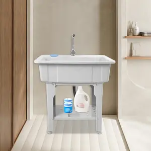 SHANGMAKEL Freestanding Plastic Laundry Sink with Washboard & 360° Rotating Faucet, 154lb Capacity Grey for Garage Basement Garden Pet Bath