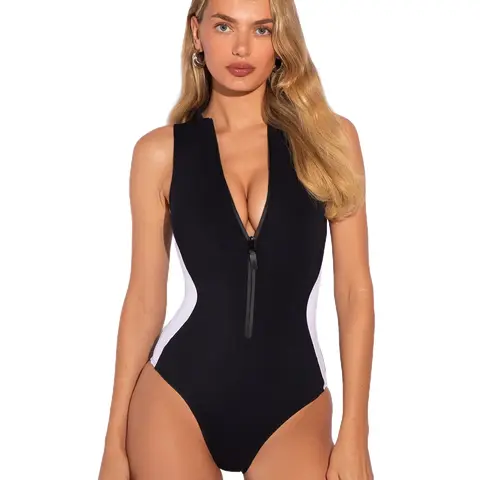 Women's Fashionable Fitted Black-White Sleeveless 1-Piece Surfing Bathing Suit - Ultra-Supportive Shelf Bra, Removable Pads, H Cup Support, Snatch Lace, Center Front Clasp, Contoured Compression Fabric, Tummy Control Beach Swimwear, Bathing Suits Tummy Co