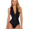 Women's Fashionable Fitted Black-White Sleeveless 1-Piece Surfing Bathing Suit - Ultra-Supportive Shelf Bra, Removable Pads, H Cup Support, Snatch Lace, Center Front Clasp, Contoured Compression Fabric, Tummy Control Beach Swimwear, Bathing Suits Tummy Co