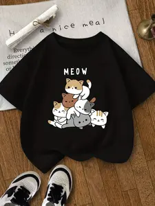 Kids "MEOW" Stacked Cute Cats Graphic T-Shirt, Short Sleeve Crew Neck Kitten Lover Tee