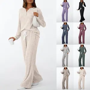 Women's two-piece casual outfit - V-neck buttoned knitted top, sweatpants, sports outfit (with pockets), home wear set