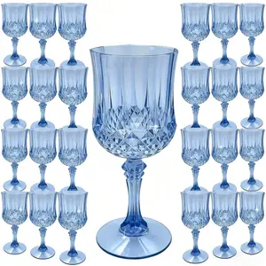 24 Pack Blue Plastic Wine Glasses Set-7oz Champagne Flutes, Vintage Stemware for Wedding, Birthday Party Pack, Table Decor, Camping Drinkware, Bulk Reusable Cups for Bridal Shower, Christmas, Halloween Gatherings