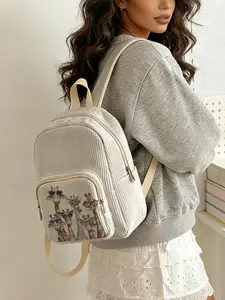 1 piece of 2D printed lady's backpack with giraffe pattern, corduroy texture + layered storage + light weight reduction | Suitable for students to go to class/shopping/short trips | Combines atmosphere with practicality