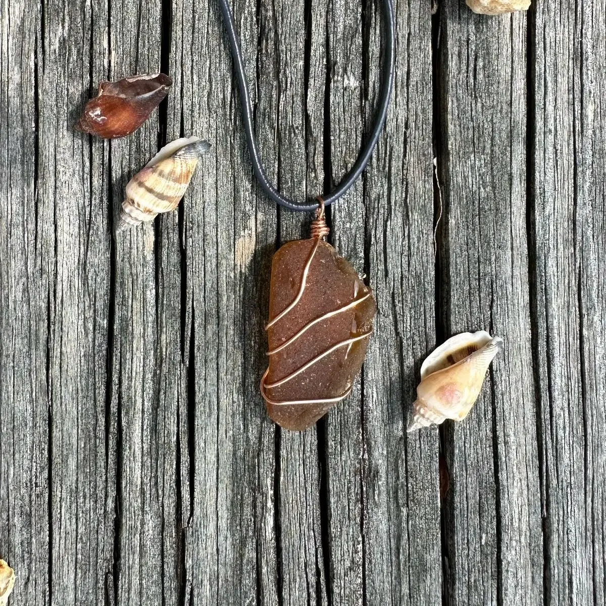 French Riviera Sea Glass Pendant Necklace, Handmade with Adjustable Leather Cord