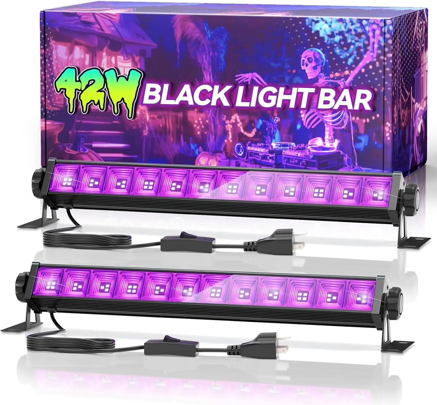 2 Pack 42W LED Black Light Bar, Glow Party Supplies, Halloween Blacklight | 6FT Cord+Switch+Plug, for Neon Parties, Fluorescent Poster Tapestry, Body Paint, Classroom, Bedroom, for Cabinet