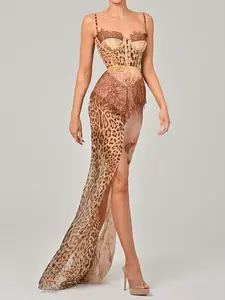 Mozision Leopard Print Lace Split Sexy Maxi Dress Women Gown Elegant Patchwork Chiffon Sleeveless Backless Beach Evening Dress