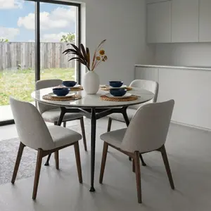 Dining Table for 4-6，47.24" Glossy Sintered Stone Top Dining Table with Carbon Steel Pedestal, Modern Dining Room Table for Kitchen, Living Room (White, Round)