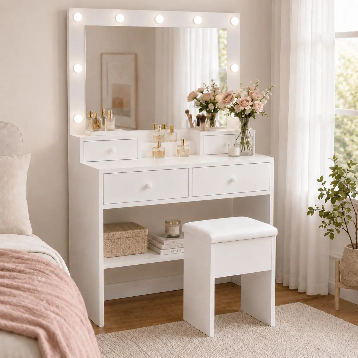 [ Limited-Time Offer ] DAYAGO Drawer  Vanity Desk with Mirror and Lights, White Makeup Vanity Set with 4 , Hidden Storage Stool, 3 Lighting Modes and Power Outlet for Bedroom