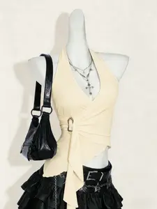 Women's Sexy Backless Halter Top, Metal Buckle Design, Fit, Stylish & Comfortable Women's Clothing, Perfect for Casual Wear, Womenswear