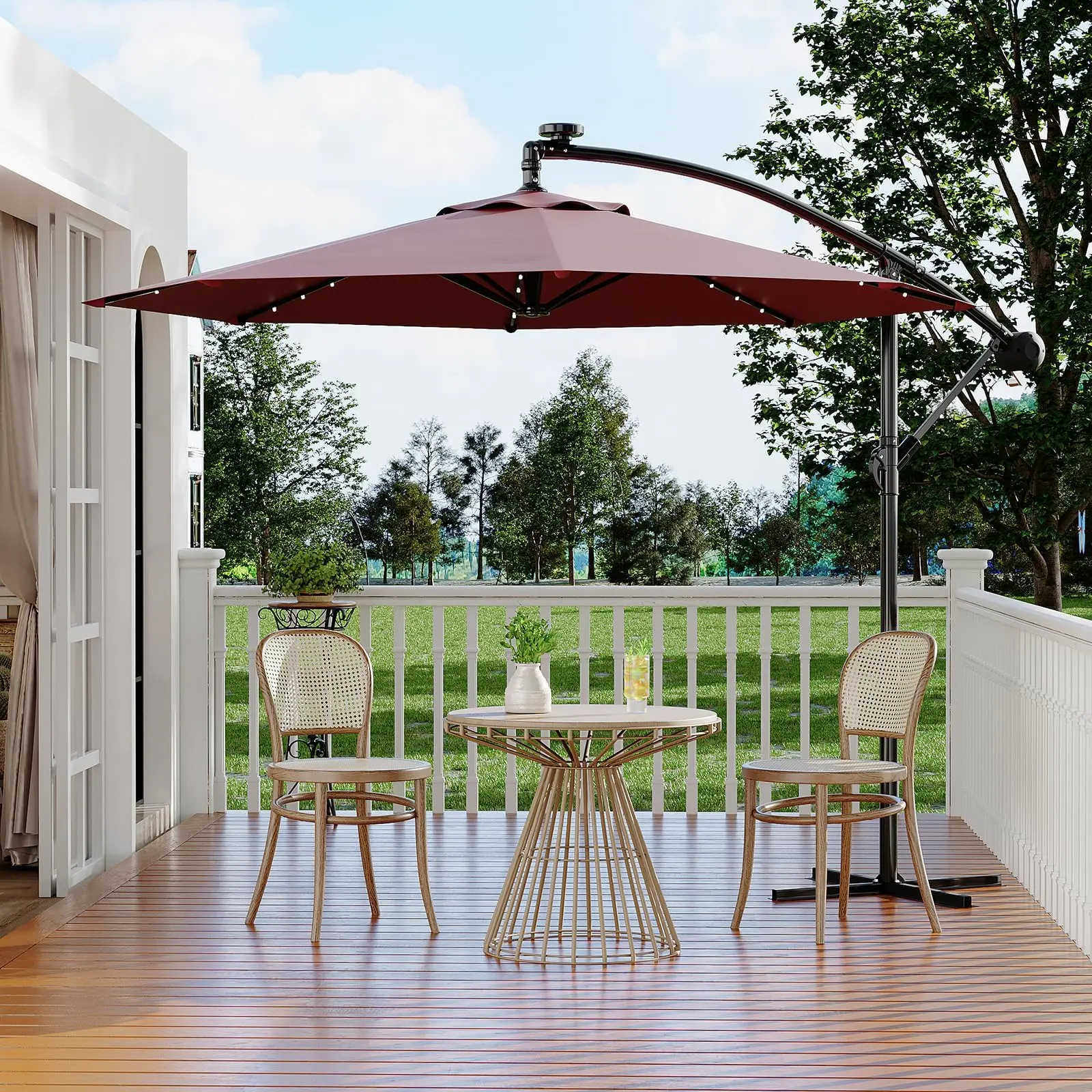 10FT Solar LED Patio Umbrella with Hanging Lights, UPF 50+ UV Protection,Cantilever Umbrella with Easy Lift & Tilt Adjustment, Easy Tilt for Pool, Deck, Garden