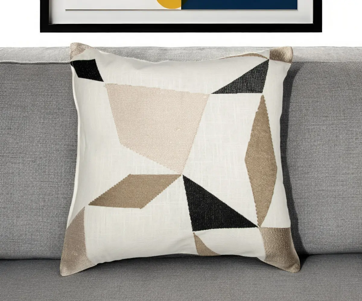 360 Stand 24 in. Taupe & Ivory Embroidered Geometric Print Square Cushion - Soft Padded Cotton Blend, Hand-Woven Modern Indoor Removable Cushion with Embroidery Detail, Zippered Design, Soft Padded Cushion