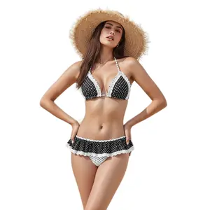 Women 2 Piece Bikini Set Sexy Halter Neck Tie Up Ruffle Trim High Elastic Fashion Swimsuit