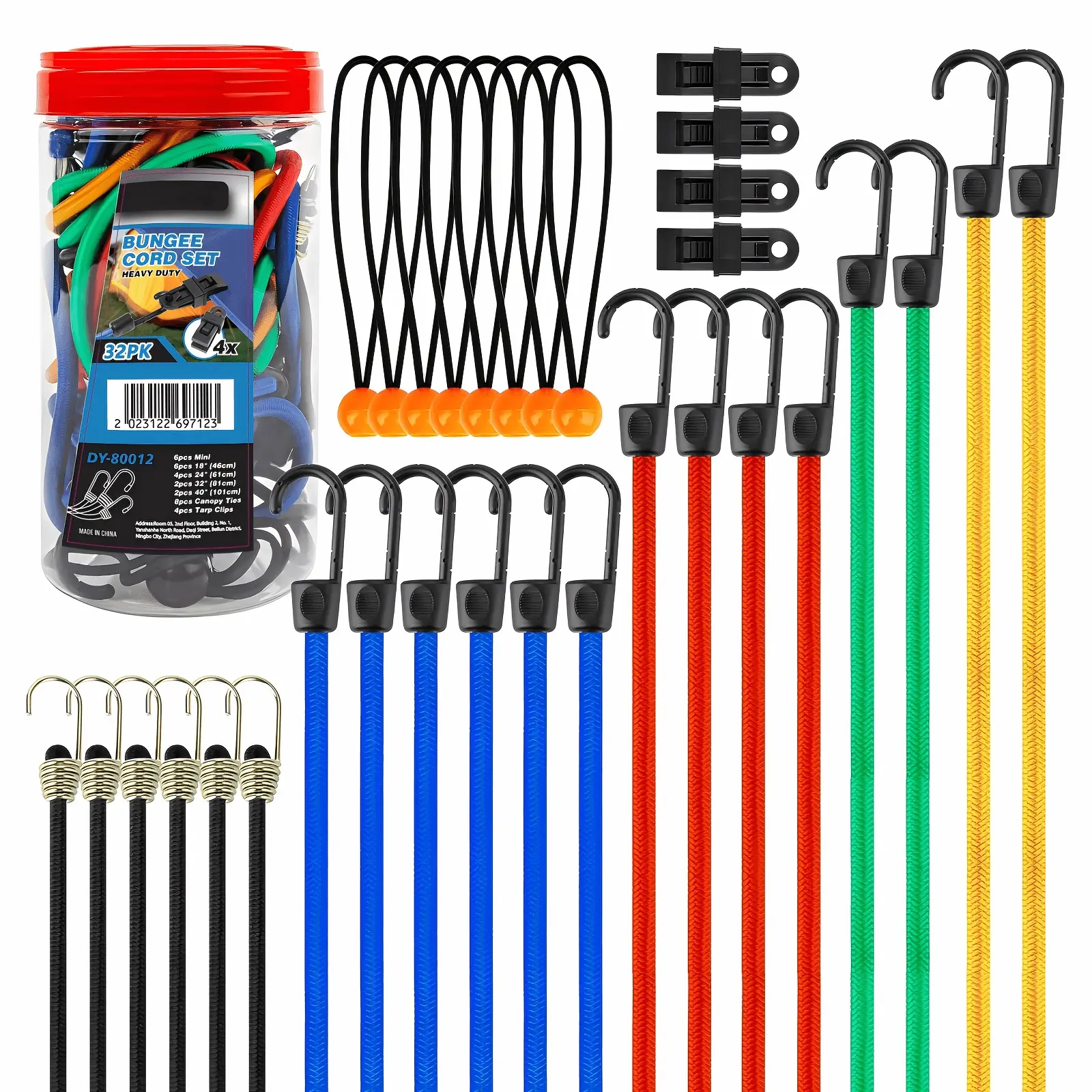 32pcs Bungee Cords Assortment Jar Includes 10" 18" 24" 32" 40" Bungee Cord with Hooks, 8" Canopy Tarp Ball Ties And Tarp Clips