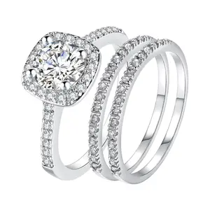 OIDEA Square Cubic Zirconia Promise Ring Set for Women, 3Pcs Stacking Band Couple Engagement Eternity Jewelry