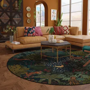 Round Boho Style Rug, 1 Count Colorful Moon & Star & Jungle Pattern Non-slip Soft Floor Mat, Decorative Carpet for Home Living Room Bedroom