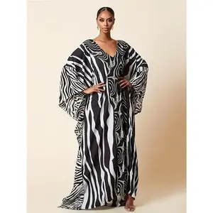 Elegant Women'S Kaftan Dress - Colorful Abstract Print, Long Sleeve, Flowy Beach Cover-Up with Side Slit, Non-Stretch Fabric, Perfect for Spring & Summer, Beach Coverup | Bohemian Style | Printed Kaftan