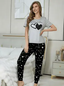 Women's Standard Fit Short Sleeve and Jogger Pajama Set, Heart Print Comfortable with Bow, Casual Home Sleepwear Loungewear