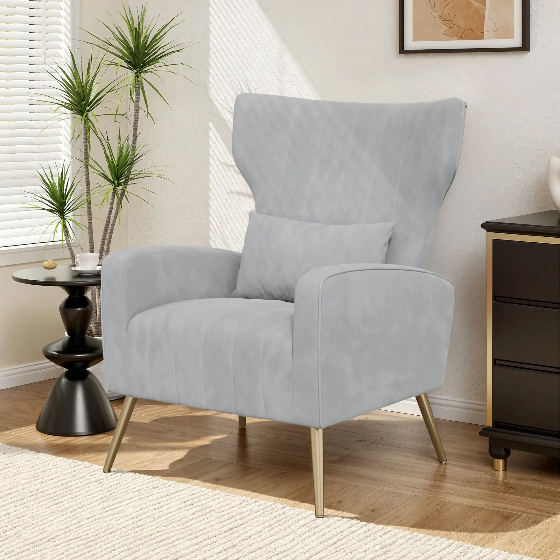 Velvet Accent Chair Wingback for Living Room, High Back Arm Chair with Golden Legs Lumbar Pillow, Upholstered Single Sofa Bedroom Beige