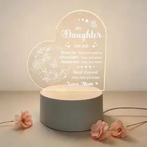 Heart-Shaped Acrylic LED Night Light - Warm Light Decorative Lamp with Sweet Quote, Thoughtful Mom-To-Daughter Gift for Bedroom, Home Decor Ideas (Festive Decor Supplies)